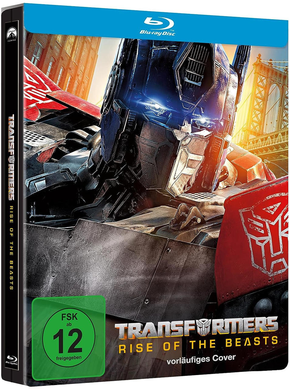 Blu-ray-Disc-Hülle von Transformers: Rise of the Beasts. Zeigt Optimus Prime.