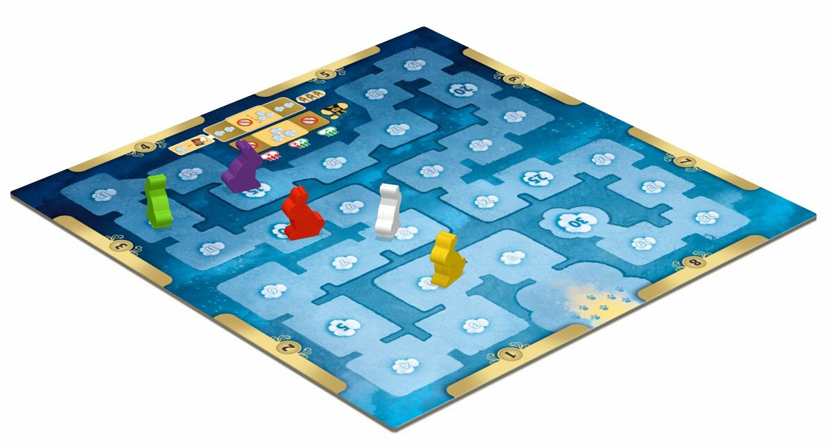 Gra planszowa z kolorowymi pionkami na niebiesko-białej planszy z motywem chmur.