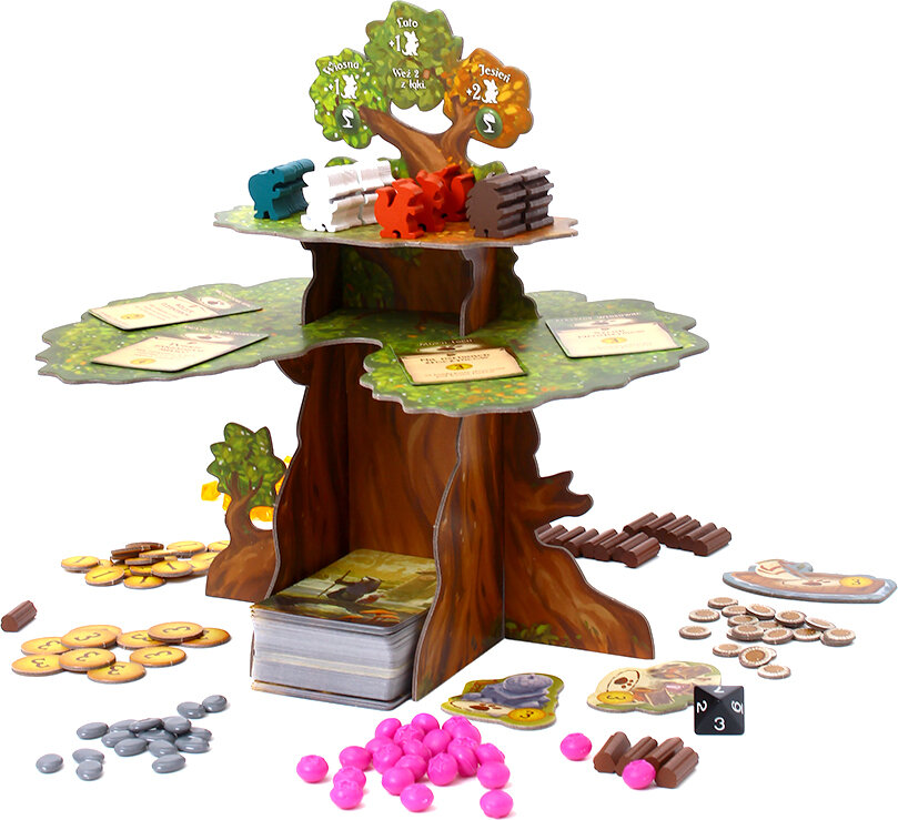 Gra planszowa o strukturze drzewa, z pionkami i kartami.