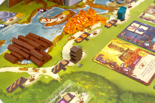 Gra planszowa, z elementami gry, kartami i torem. Gra ma motyw leśny.