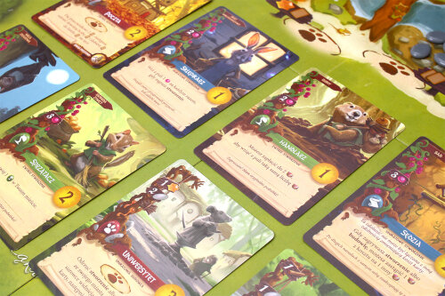 Gra planszowa z kartami przedstawiającymi zwierzęta i symbole na zielonej powierzchni. Widoczne karty.