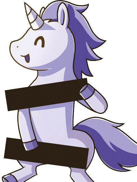 Kreskówkowy jednorożec z czarnymi paskami cenzury zakrywającymi jego ciało.