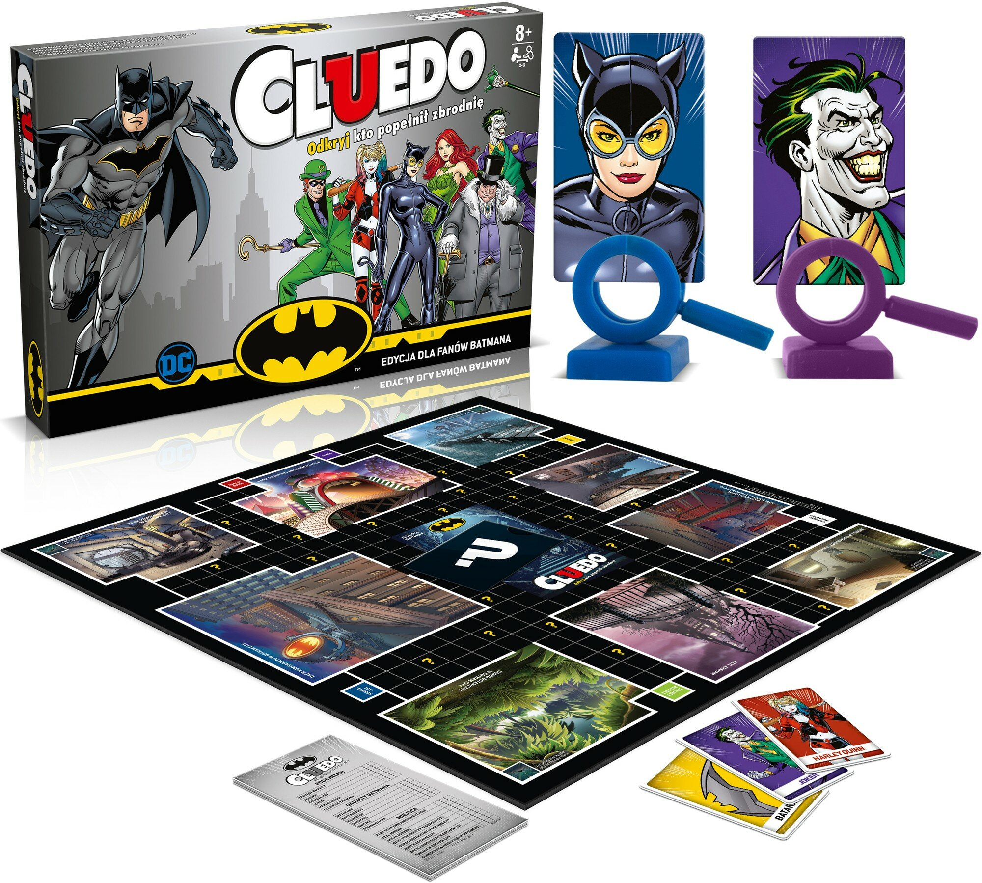 Gra planszowa Cluedo Batman Edition z elementami gry, kartami i pudełkiem z Batmanem i złoczyńcami.