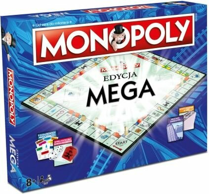 Pudełko gry planszowej Monopoly Mega Edition z niebieskim tłem i widoczną planszą.