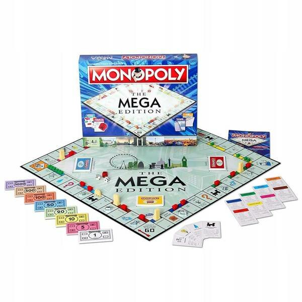 Pudełko i plansza do gry Monopoly Mega Edition z pieniędzmi, żetonami i kartami są ułożone.