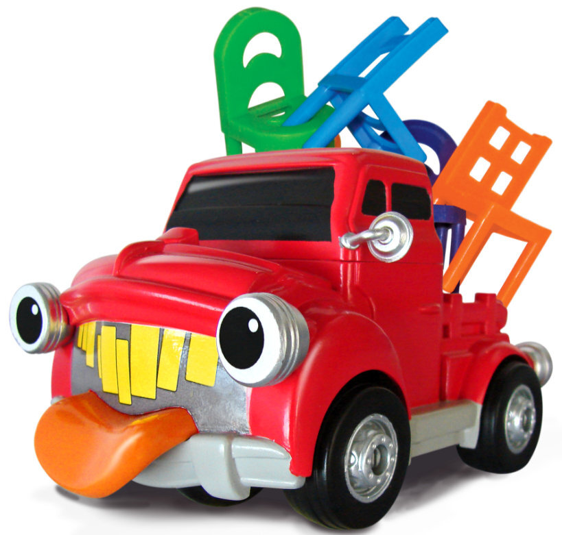 Czerwona ciężarówka zabawkowa z kolorowymi krzesłami.