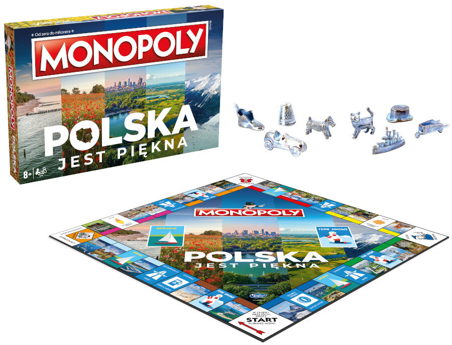 Zestaw gier Monopoly Polska z planszą, pionkami i pudełkiem. Plansza pokazuje krajobrazy.
