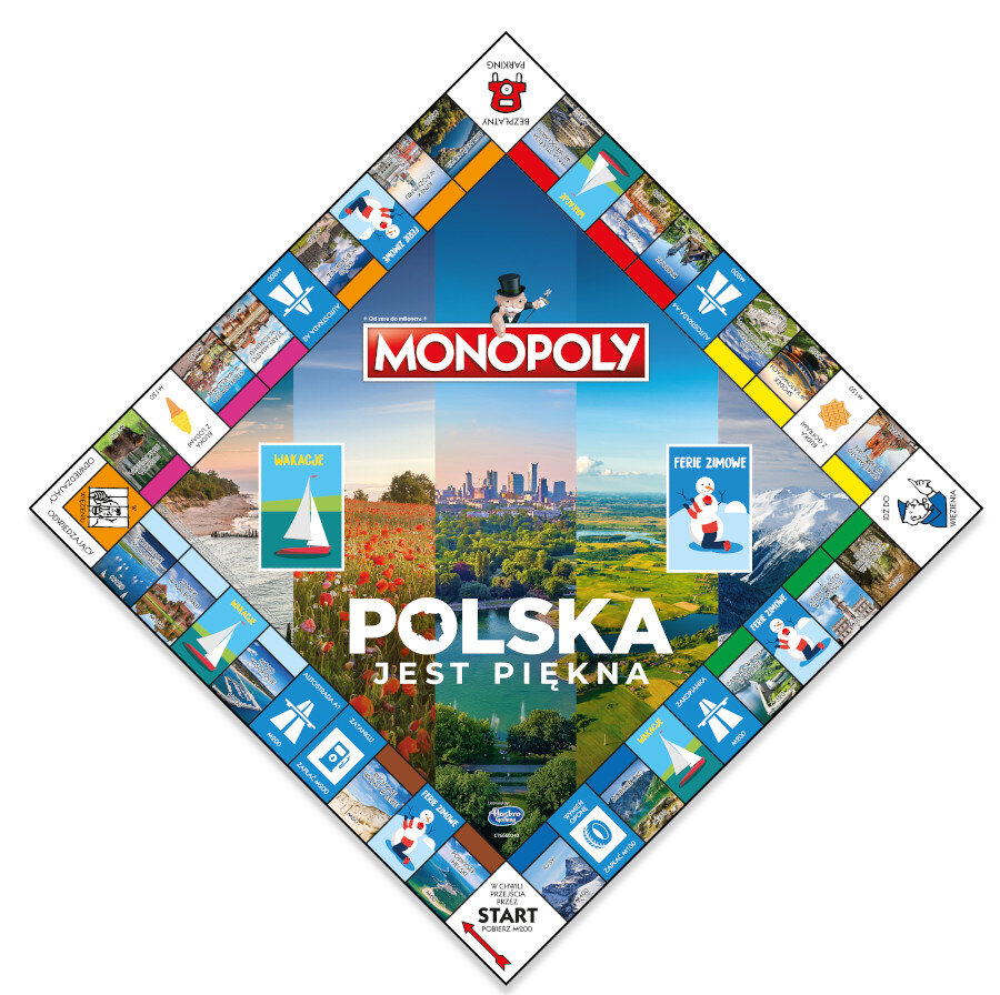 Gra planszowa Monopoly w tematyce Polski, z widokami miast i zimowymi scenami.