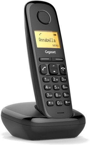 Czarny telefon bezprzewodowy Gigaset na stacji ładującej. Ekran wyświetla 'Annabella'.