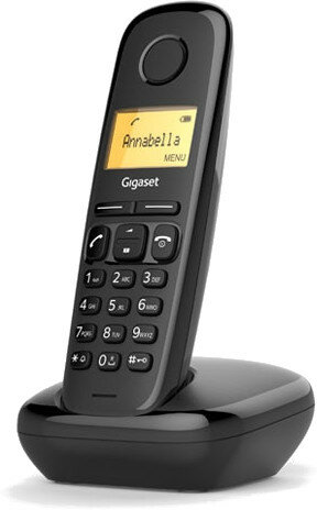 Czarny telefon bezprzewodowy Gigaset na stacji ładującej, z wyświetlaczem 'Annabella'.