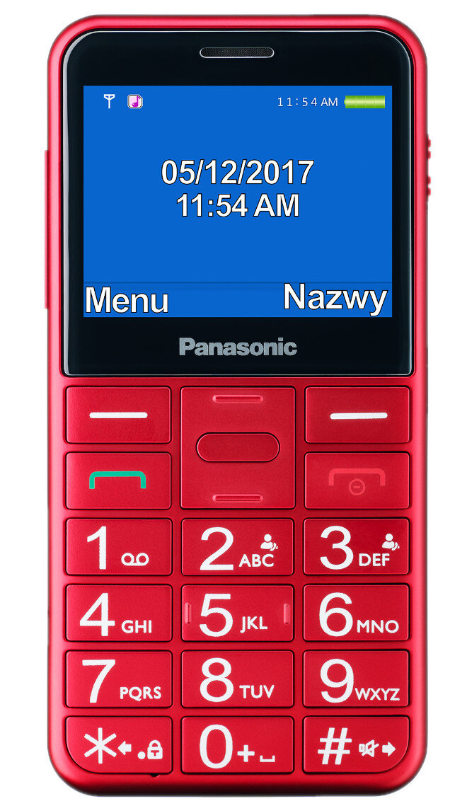 Czerwony telefon Panasonic z dużymi przyciskami i wyświetlaczem daty i czasu.