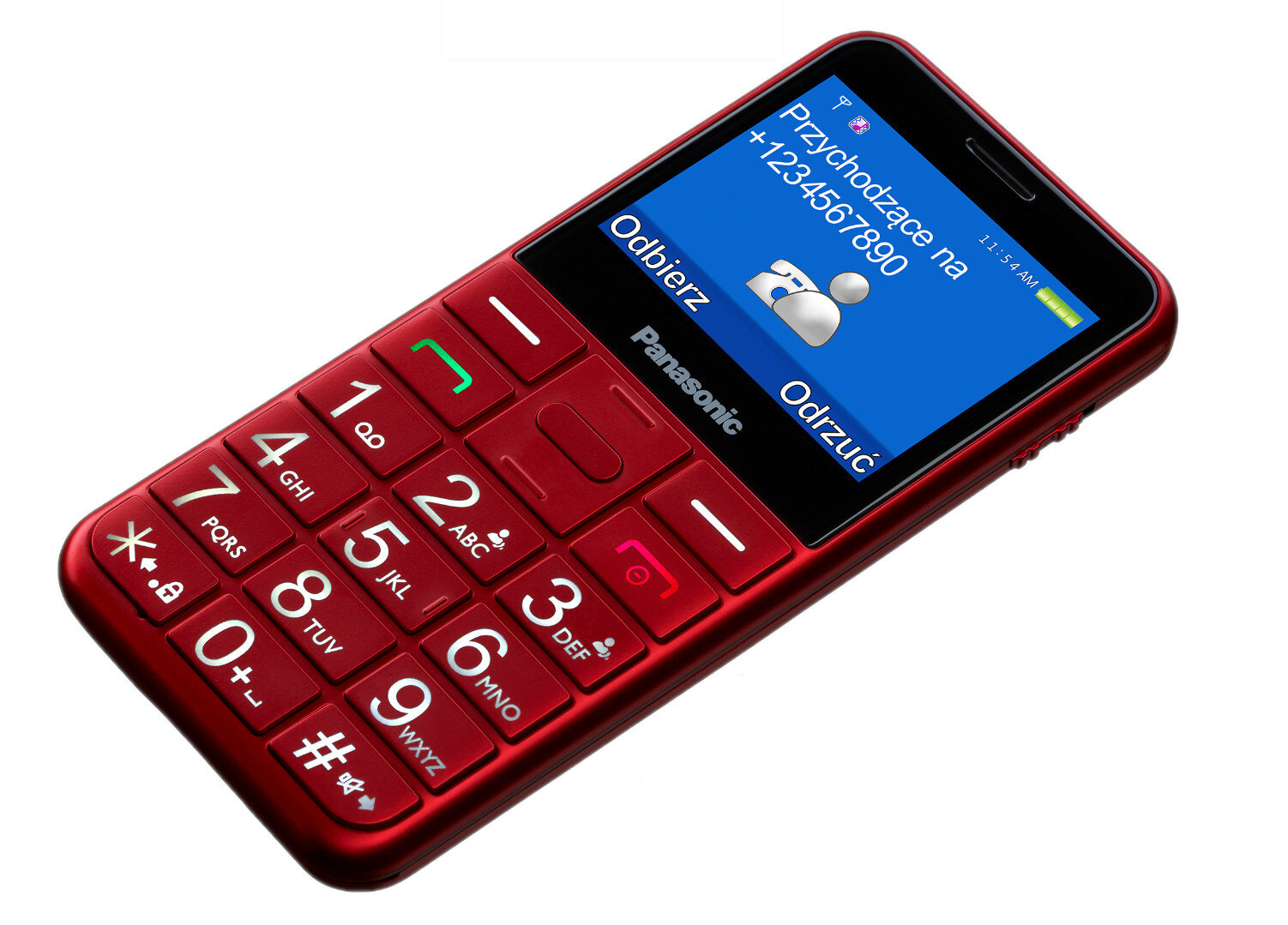 Czerwony telefon Panasonic na białym tle, wyświetlający połączenie przychodzące z numerem telefonu.