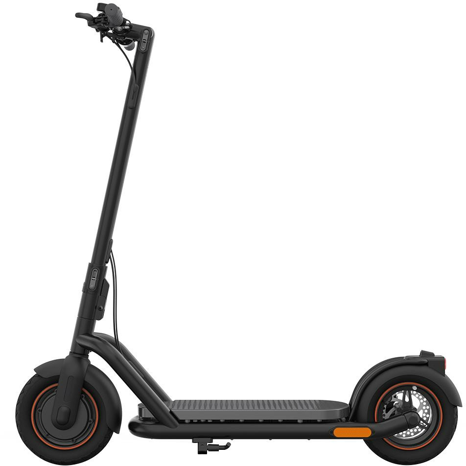 Black electric scooter with orange wheels, on a white background.