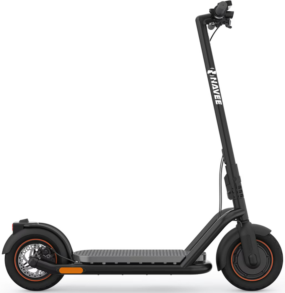 Black electric scooter with orange accents, positioned against a white background.