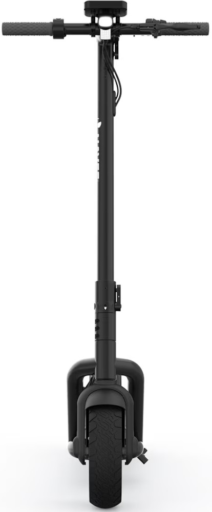 Black electric scooter. Handlebars, stem, and wheel are visible. White background.