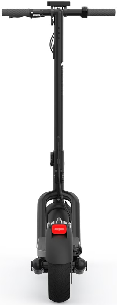 Black electric scooter, rear view. Features a red brake light and a black tire.