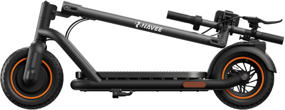 Black electric scooter, side view, with orange wheels and a foldable design.