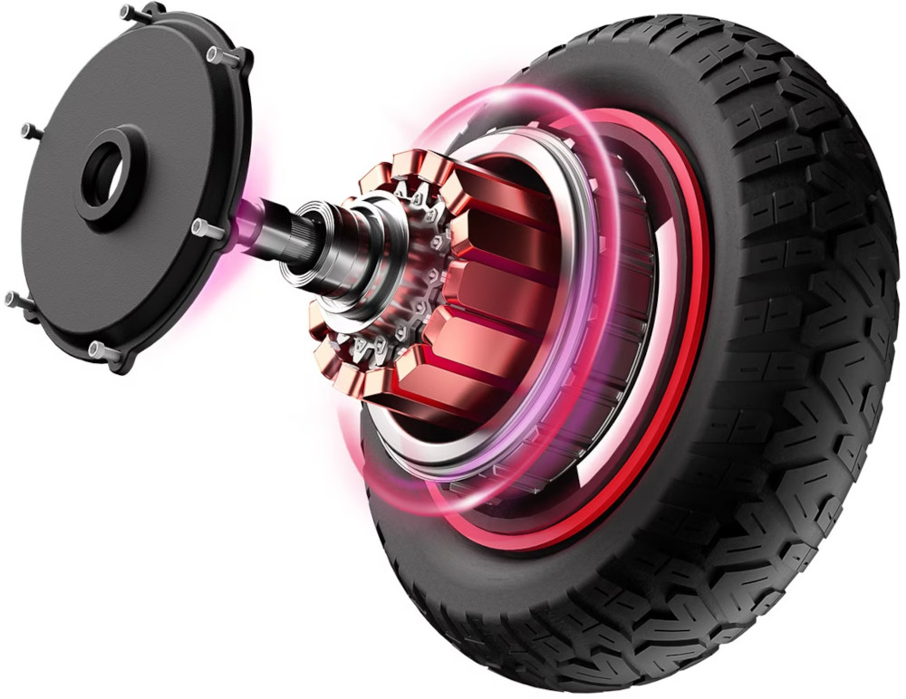 An exploded view of an electric scooter wheel with red accents.