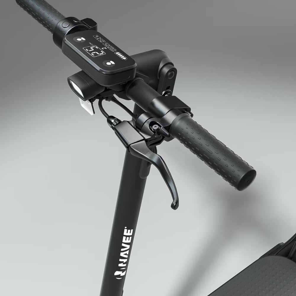 Close-up of a black electric scooter's handlebar, with a display showing speed.
