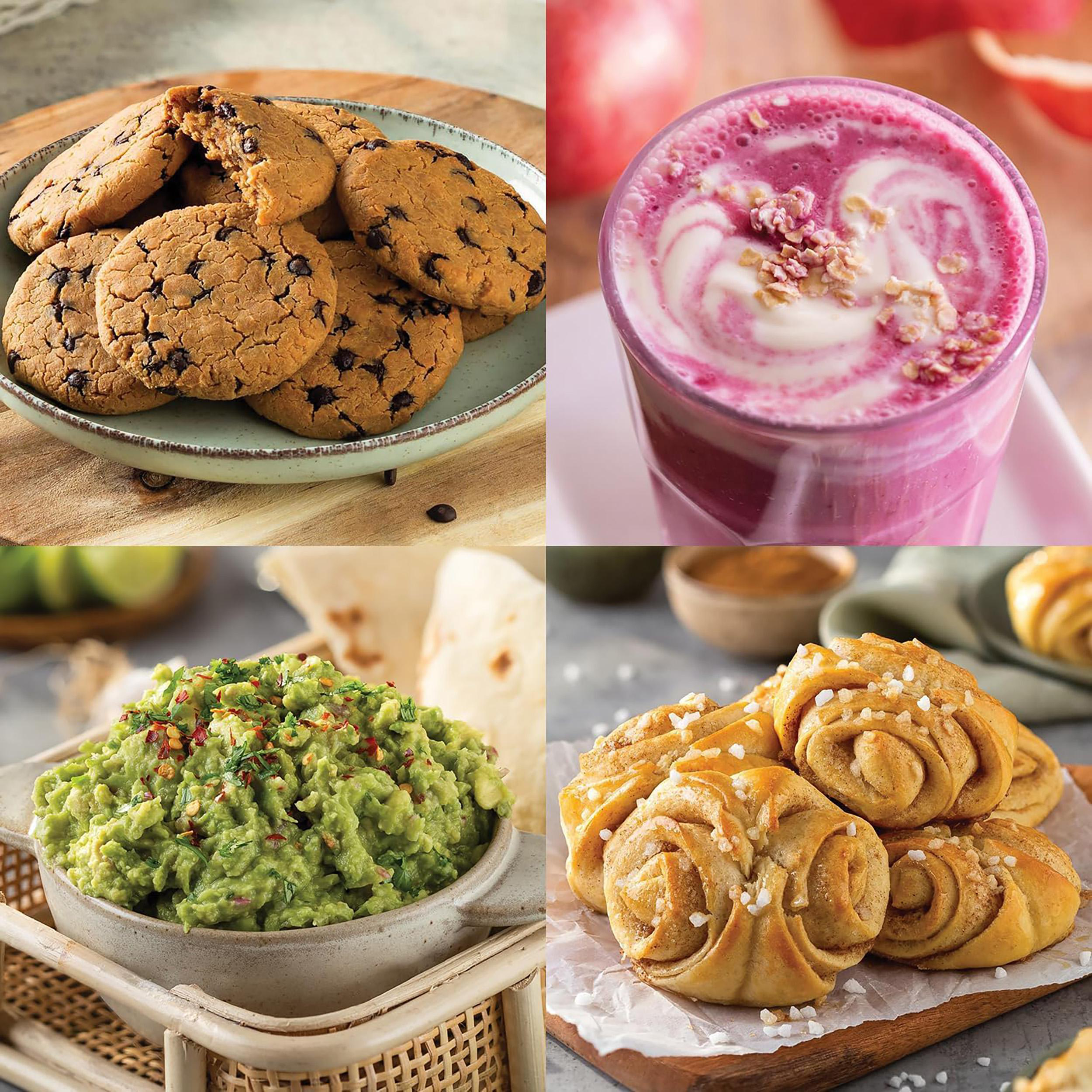 Eine Collage mit Keksen, einem rosa Getränk, Guacamole und Zimtschnecken.