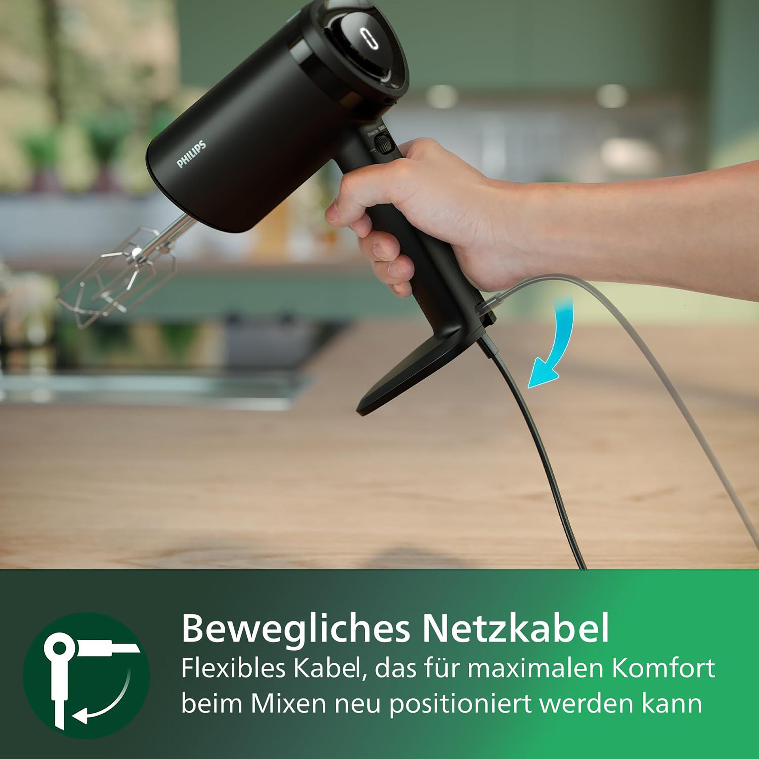 Schwarzer Philips Handmixer, eine Hand hält ihn. Blauer Pfeil zeigt die Flexibilität des Netzkabels.