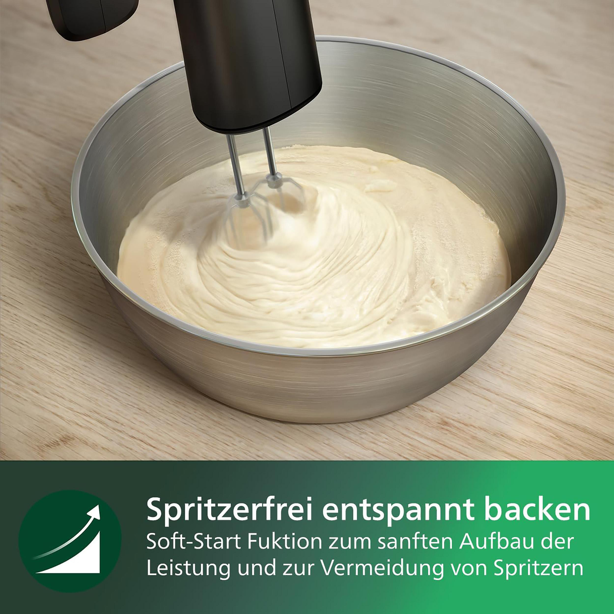 Handrührgerät, das Sahne in einer Metallschüssel verrührt. Text 'Spitzerfrei entspannt backen'.