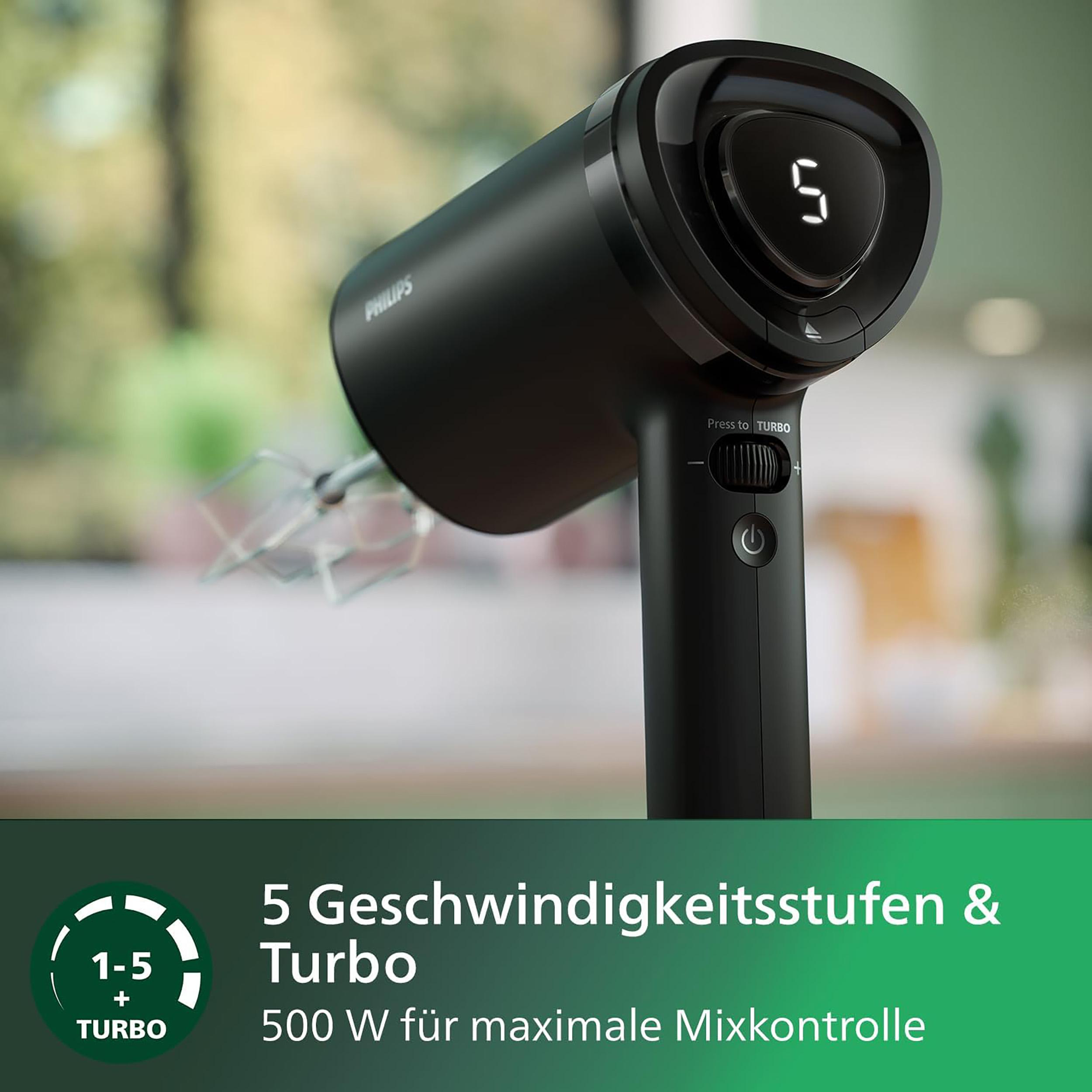 Schwarzer Handmixer mit weißer Anzeige. Der Text lautet '5 Geschwindigkeiten & Turbo'.