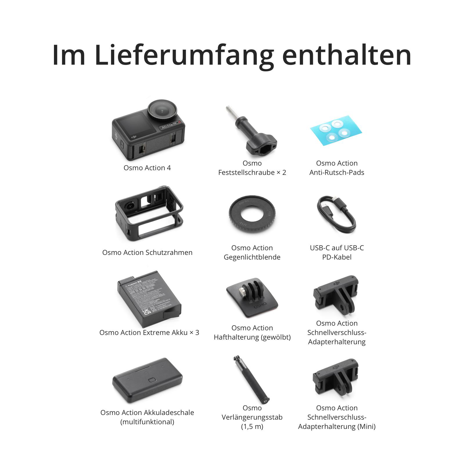 Osmo Action 4 Kamera Zubehör, einschließlich Kamera, Werkzeuge und Gehäuse.