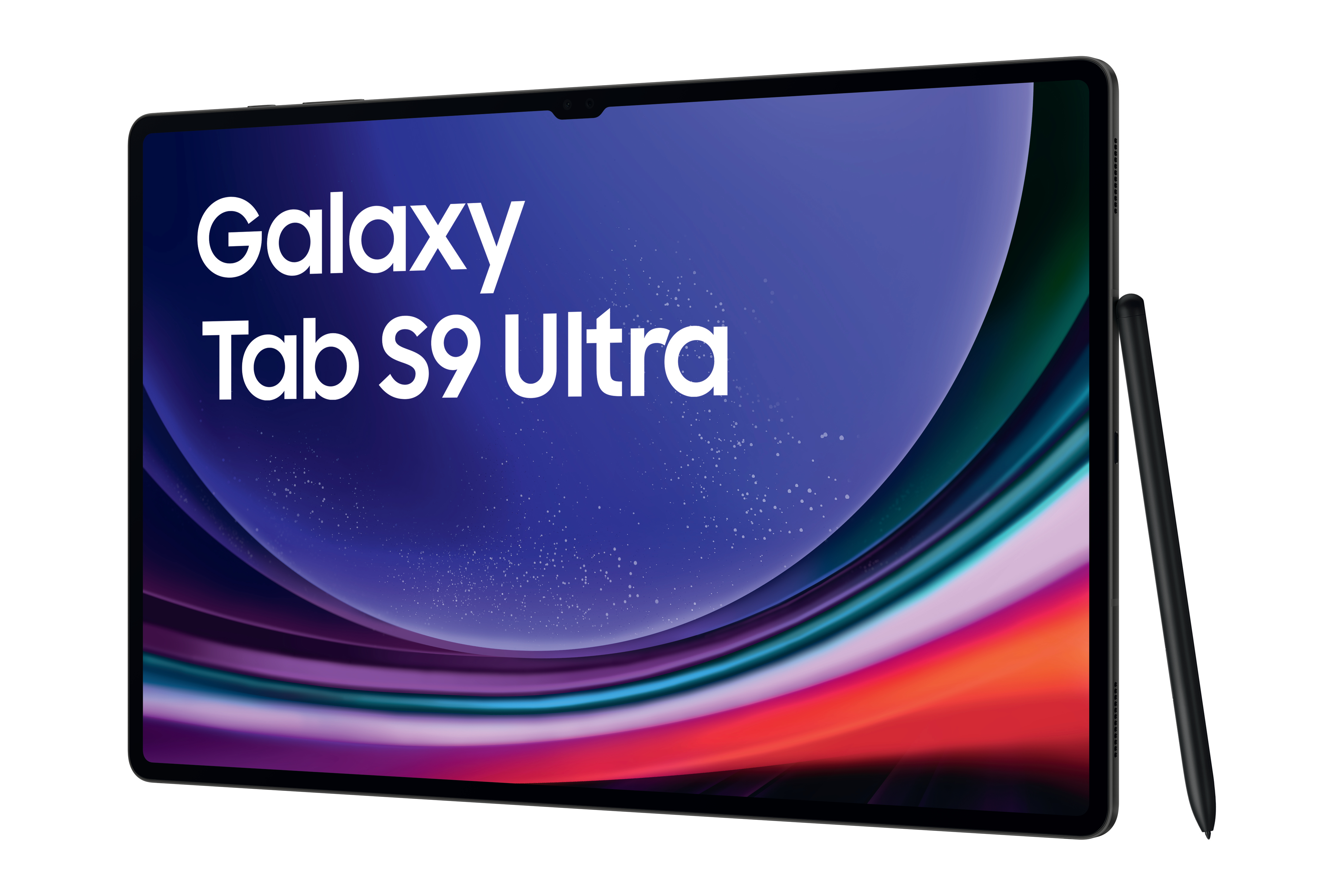 Ein Tablet mit den Worten Galaxy Tab S9 Ultra auf dem Bildschirm. Ein Stift ist rechts.