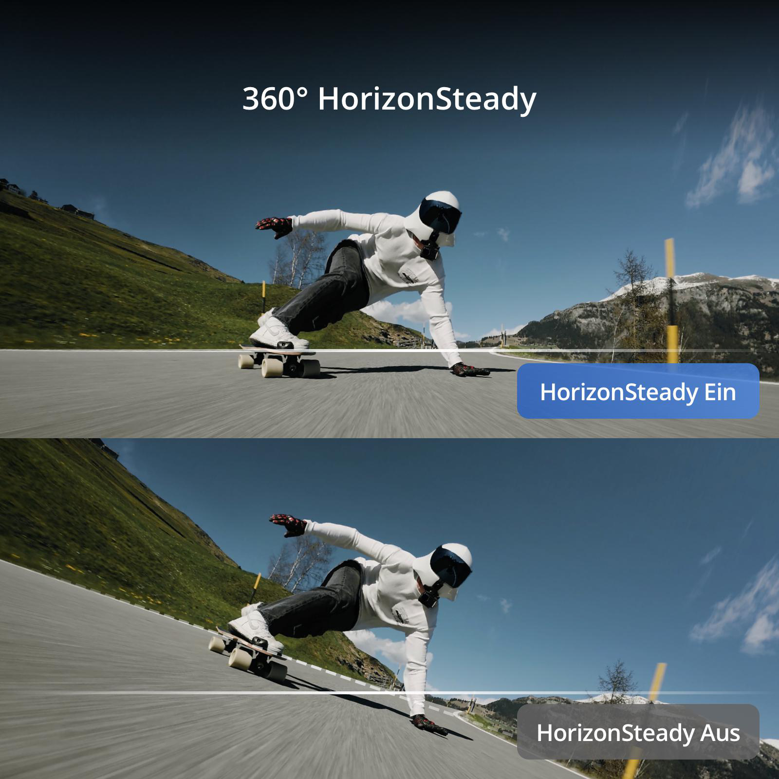 Zwei Bilder zeigen eine Person beim Skateboarden. HorizonSteady ein und aus. Blauer Himmel und Berge sind sichtbar.