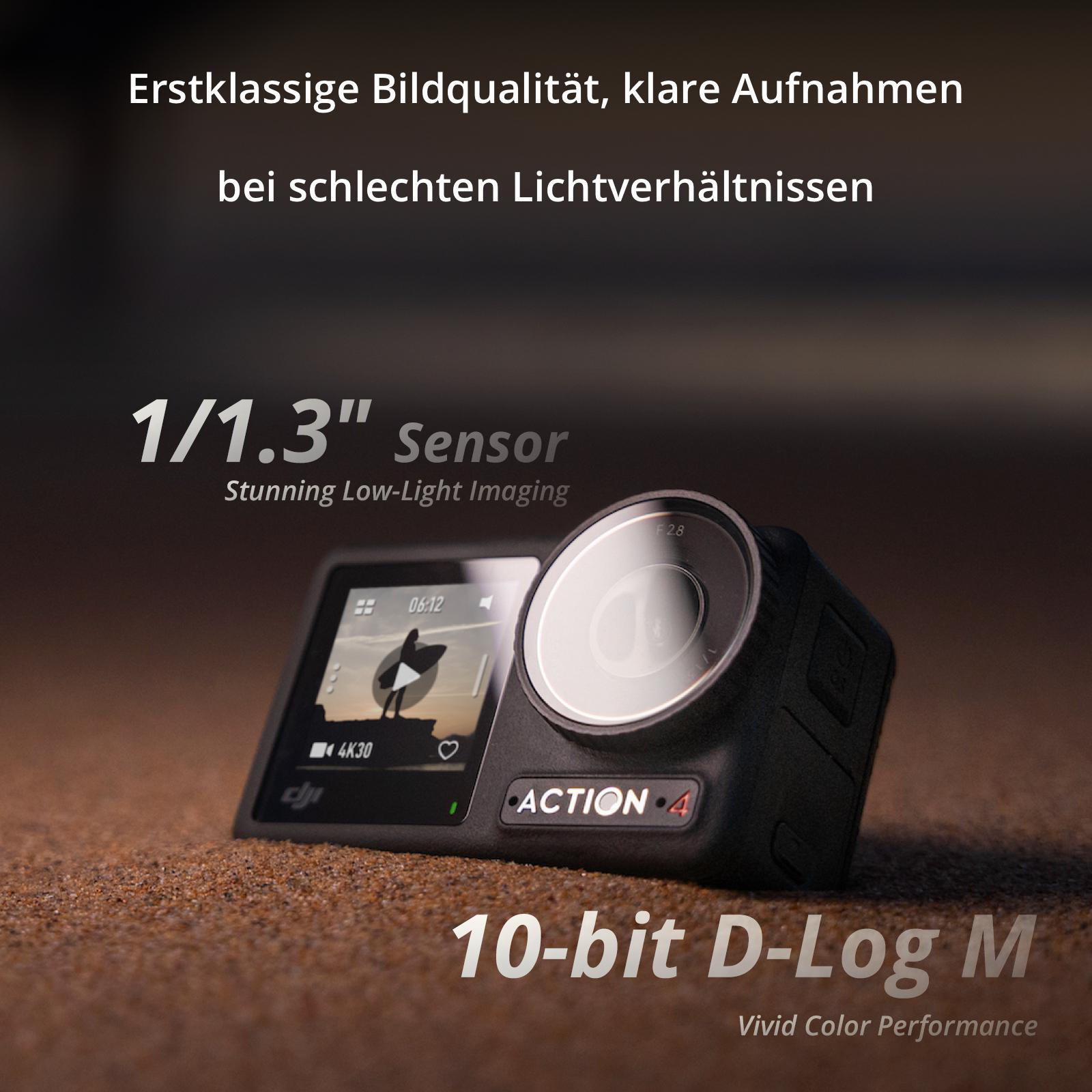 Schwarze Action-Kamera mit Bildschirm, Text und Objektiv.