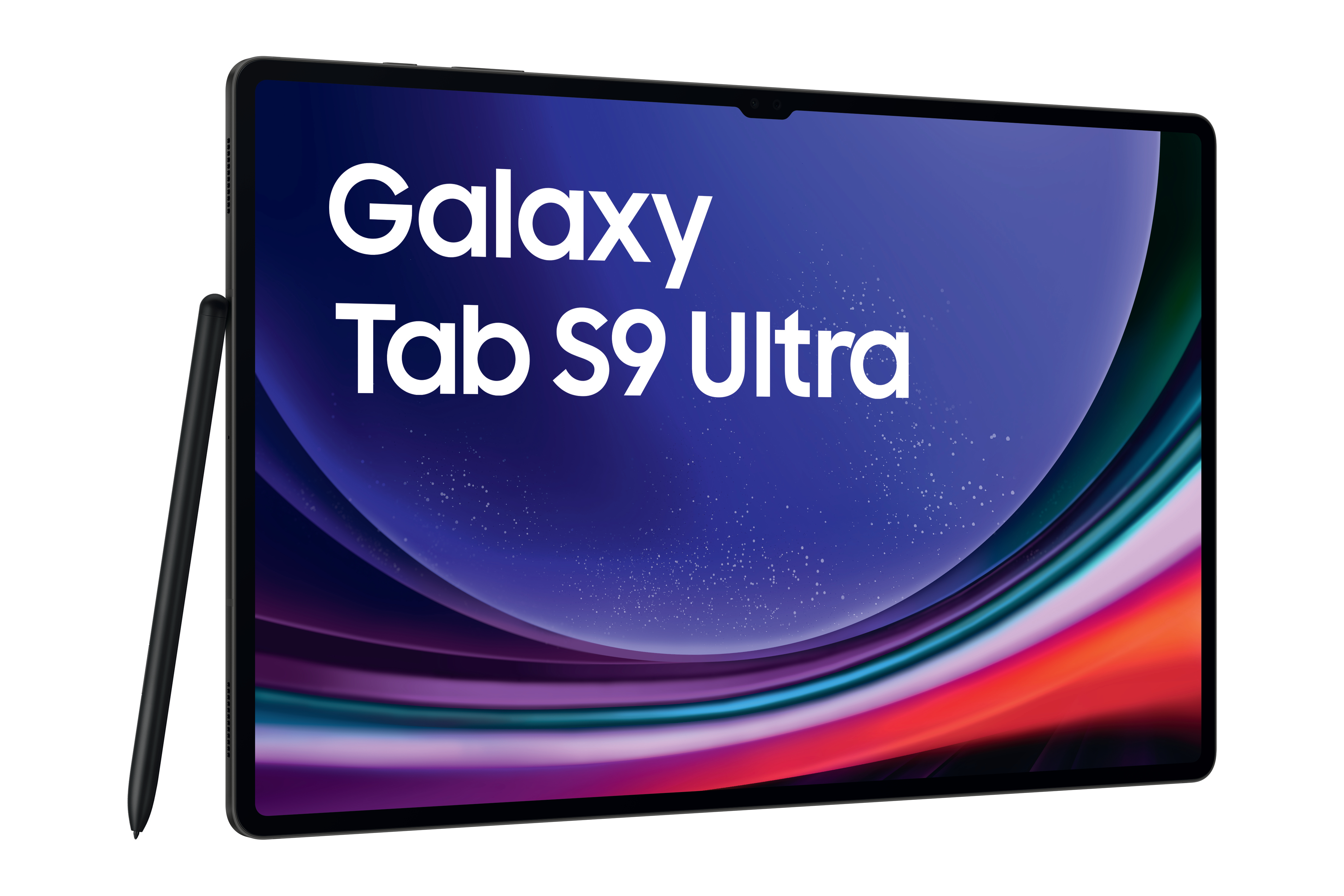 Tablet mit den Worten "Galaxy Tab S9 Ultra" und einem Stift. Der Bildschirm hat einen bunten Hintergrund.
