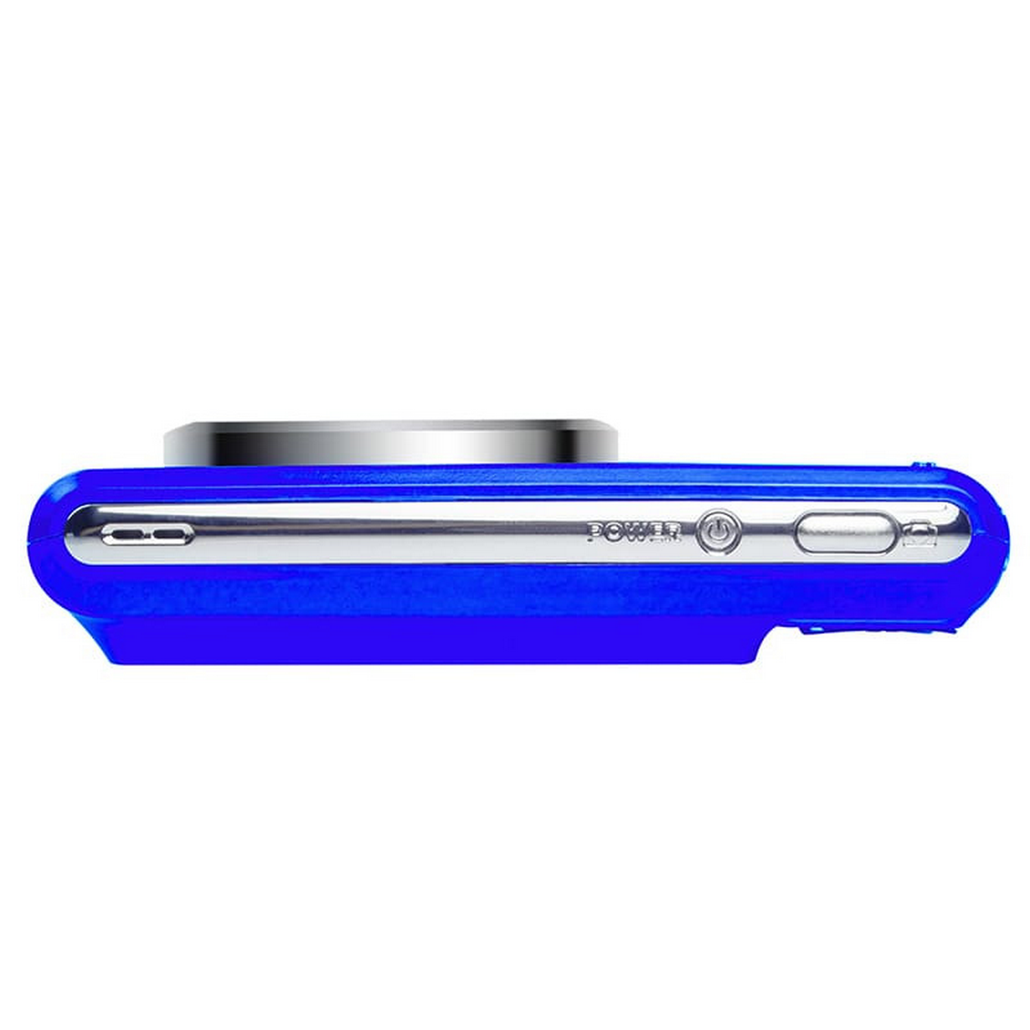 Blauwe camera met een aan/uit-knop, zijaanzicht. Zilveren rand en knoppen.
