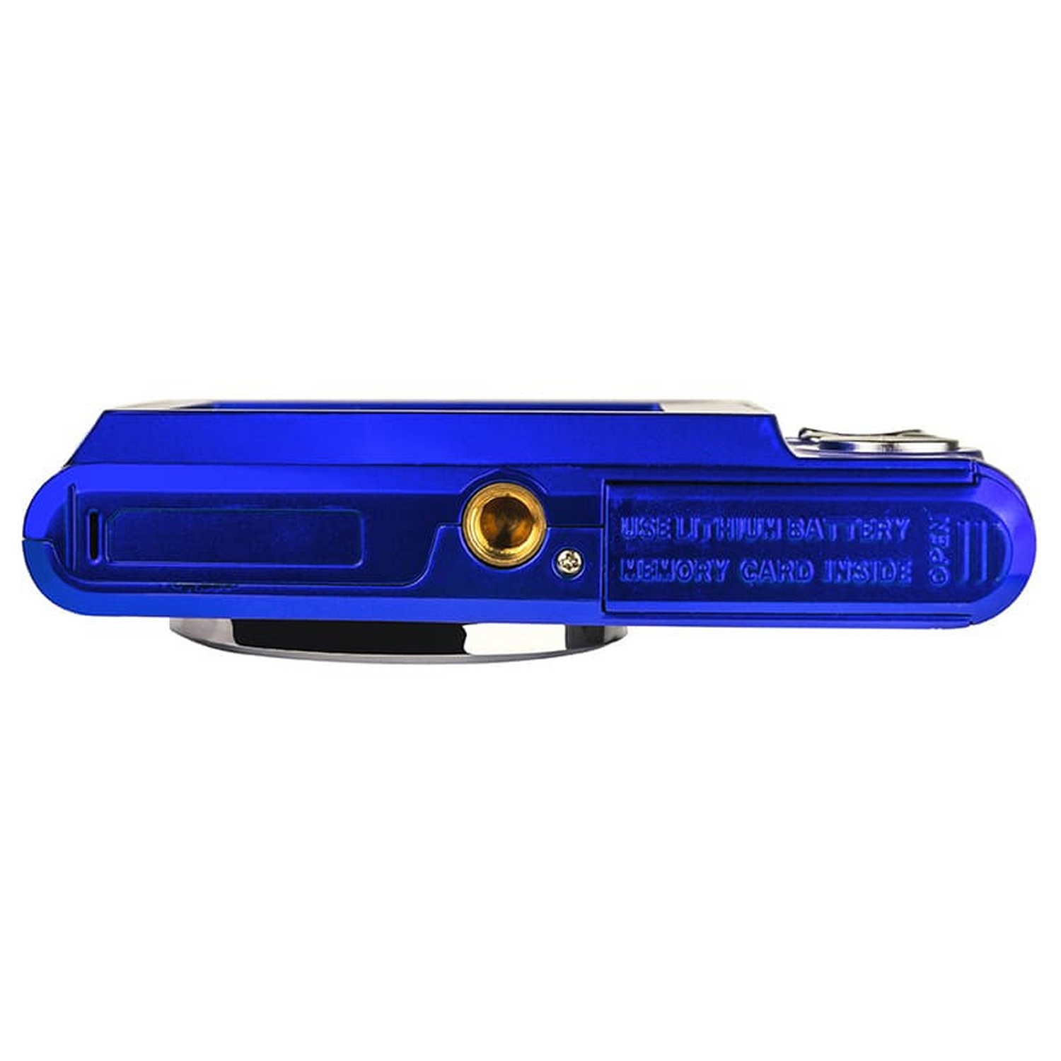 Blauwe digitale camera, zijaanzicht met batterij en geheugenkaart compartimenten.