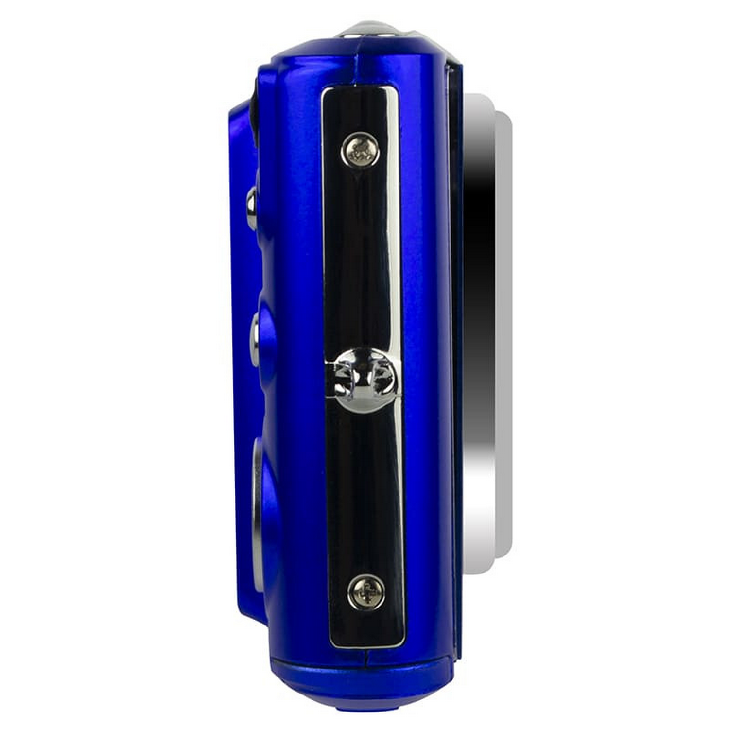 Een blauwe camera, zijaanzicht. De behuizing is blauw en heeft zilveren metalen accenten en knoppen.