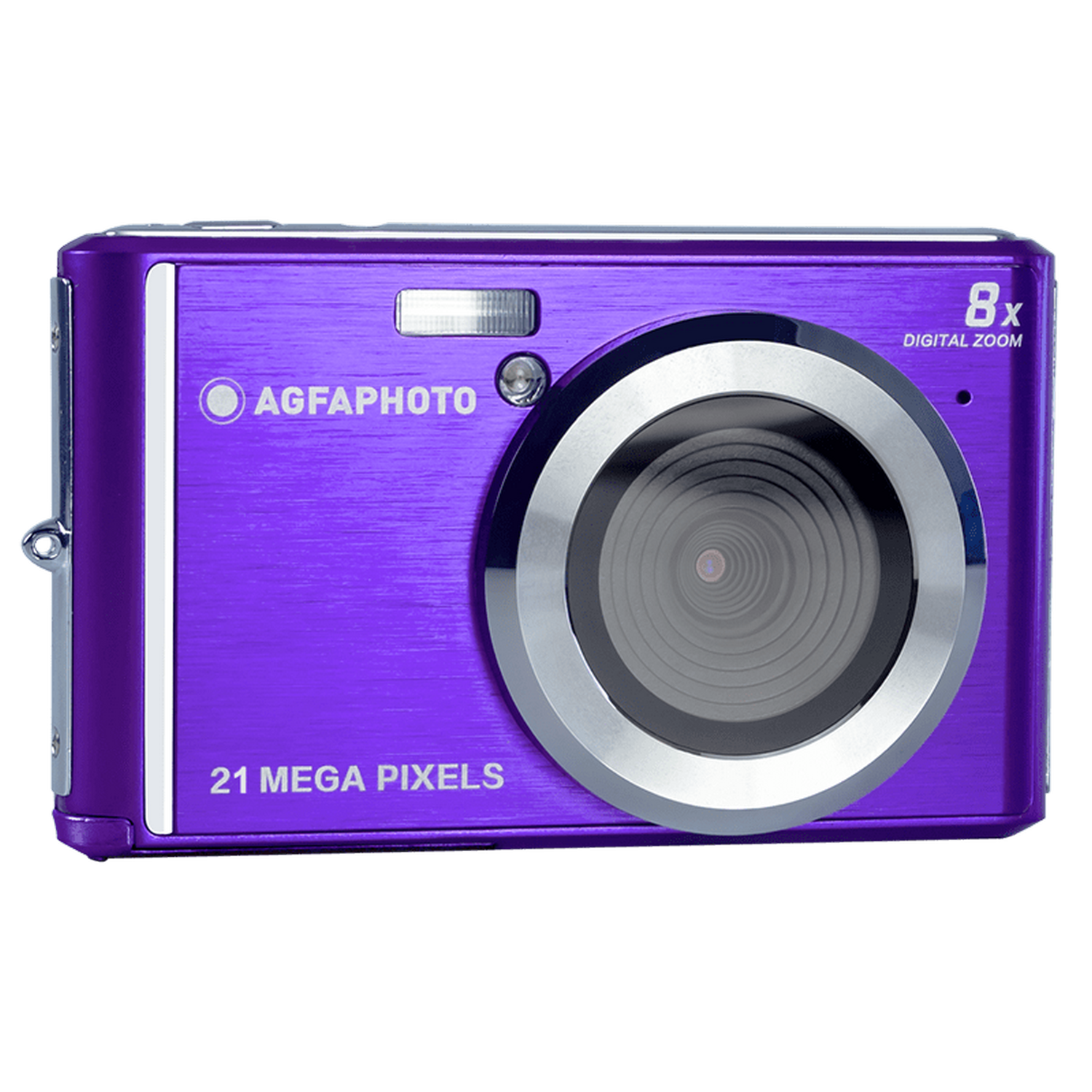 Paarse AgfaPhoto digitale camera. Zilveren lensring, flitser en knoppen.