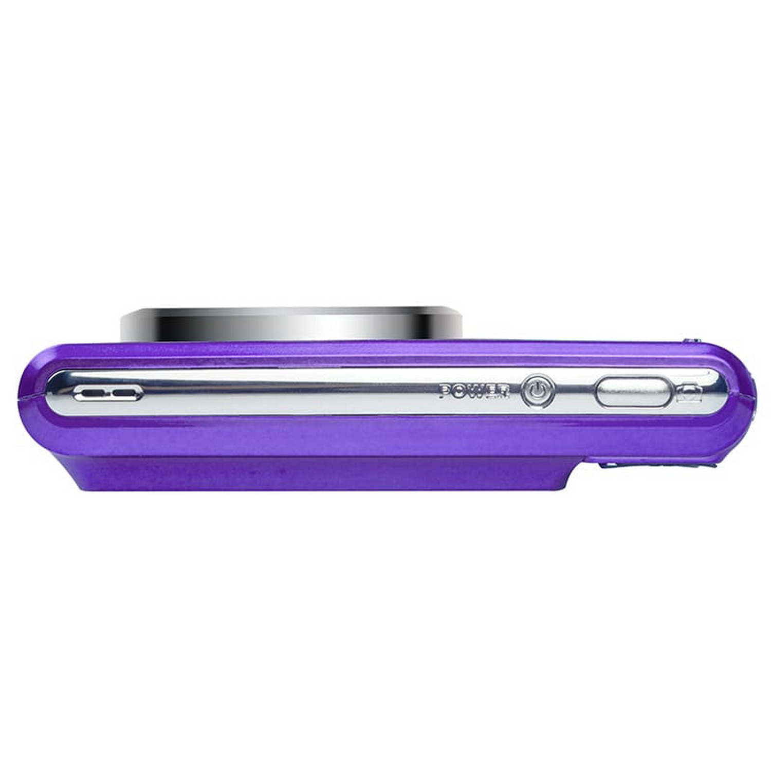 Een paarse digitale camera met zijknoppen en een lens.