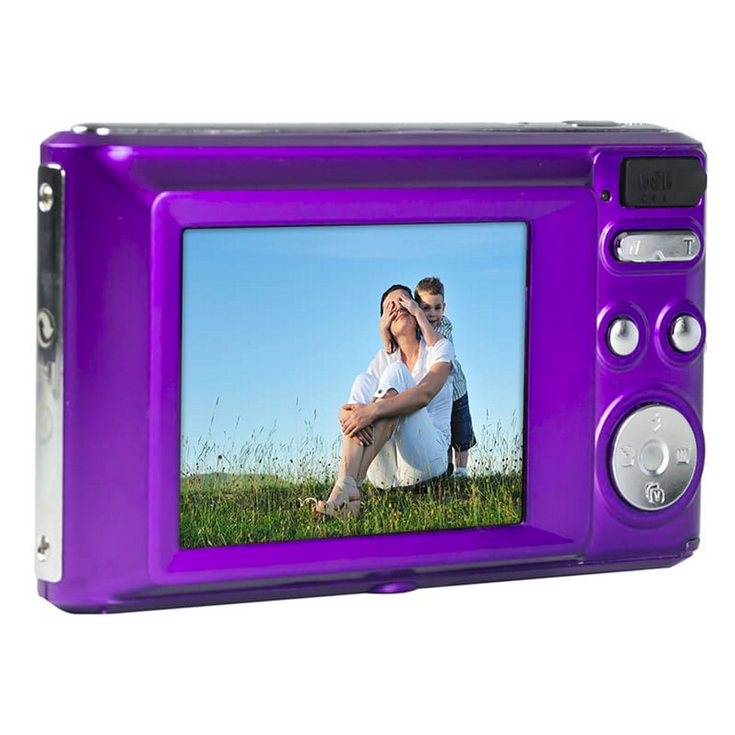 Paarse digitale camera met foto van een vrouw en kind.