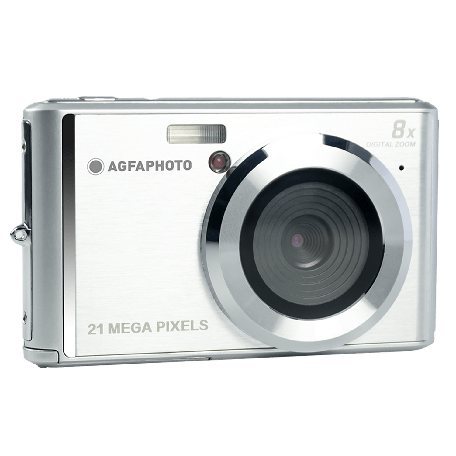 Zilveren AgfaPhoto digitale camera. Rechthoekige vorm, lens in het midden, en de tekst '21 MEGA PIXELS'.