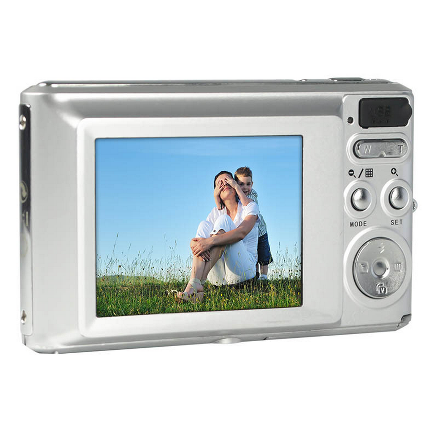 Zilveren camera toont een foto van een vrouw en kind in een veld.