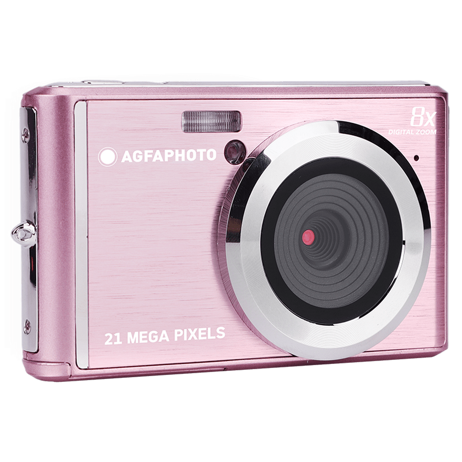 Roze AgfaPhoto digitale camera met zilveren accenten. De camera heeft een lens en een flitser.