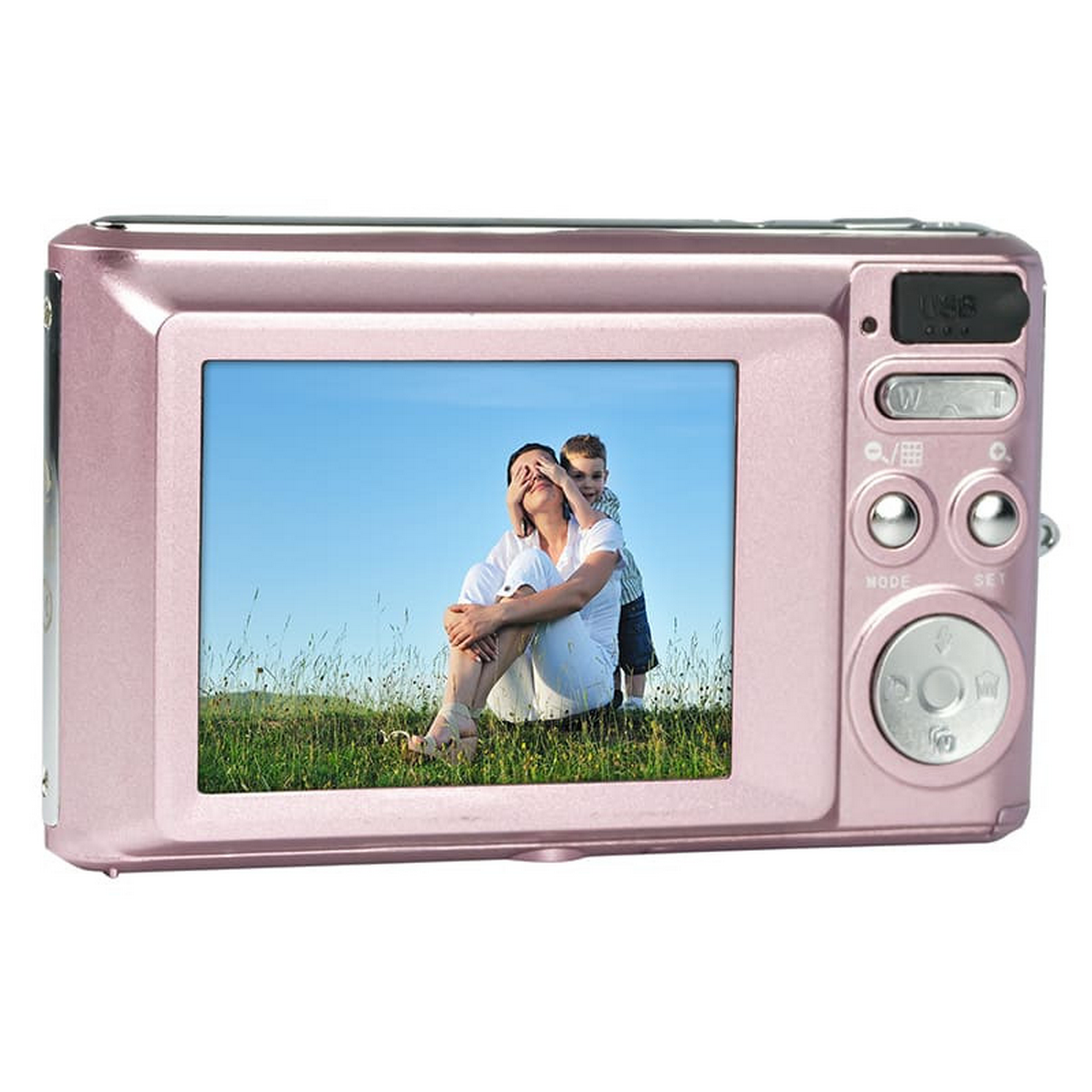 Roze camera met een vrouw en kind op het scherm.