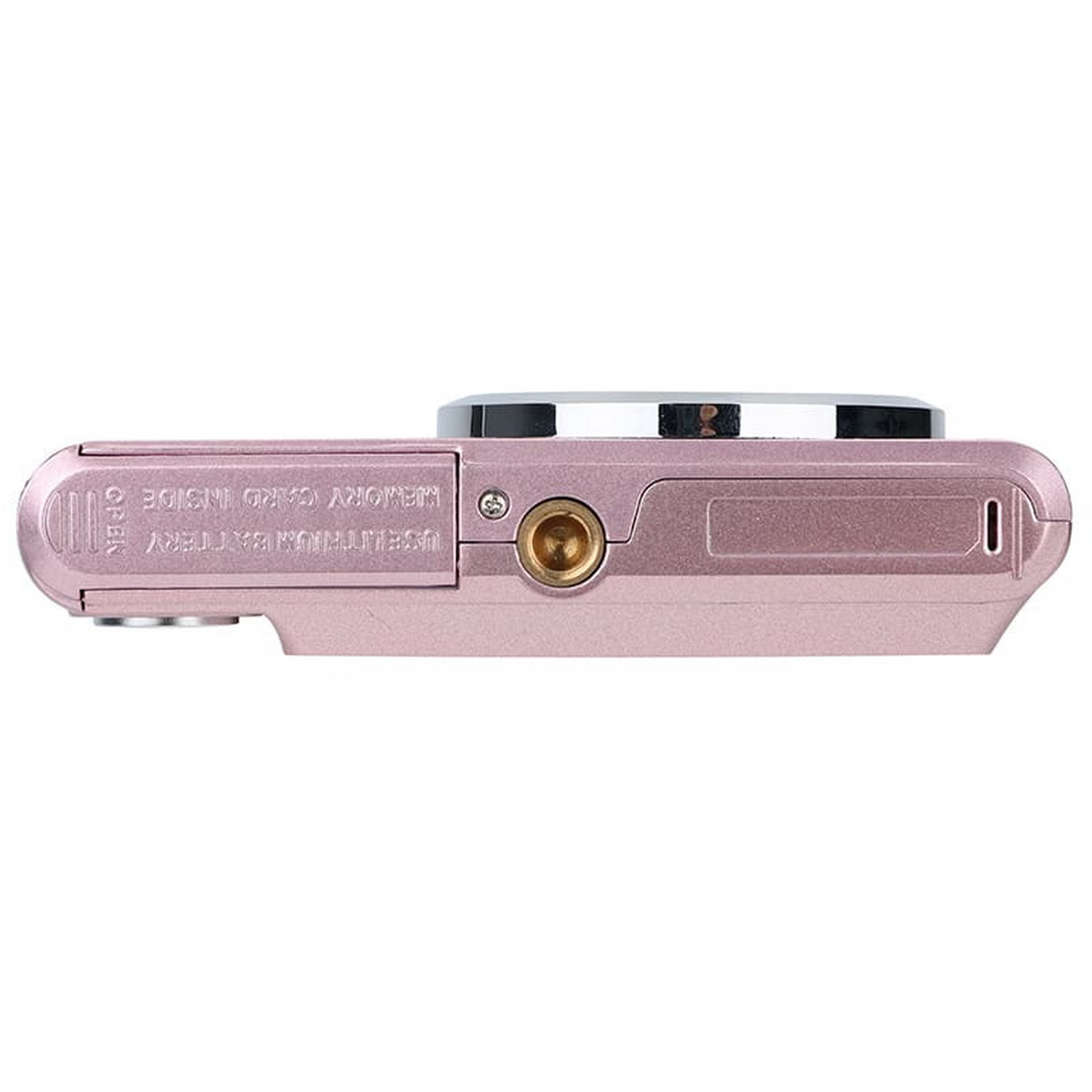 Zijaanzicht van een roze camera met een geheugenkaartsleuf.