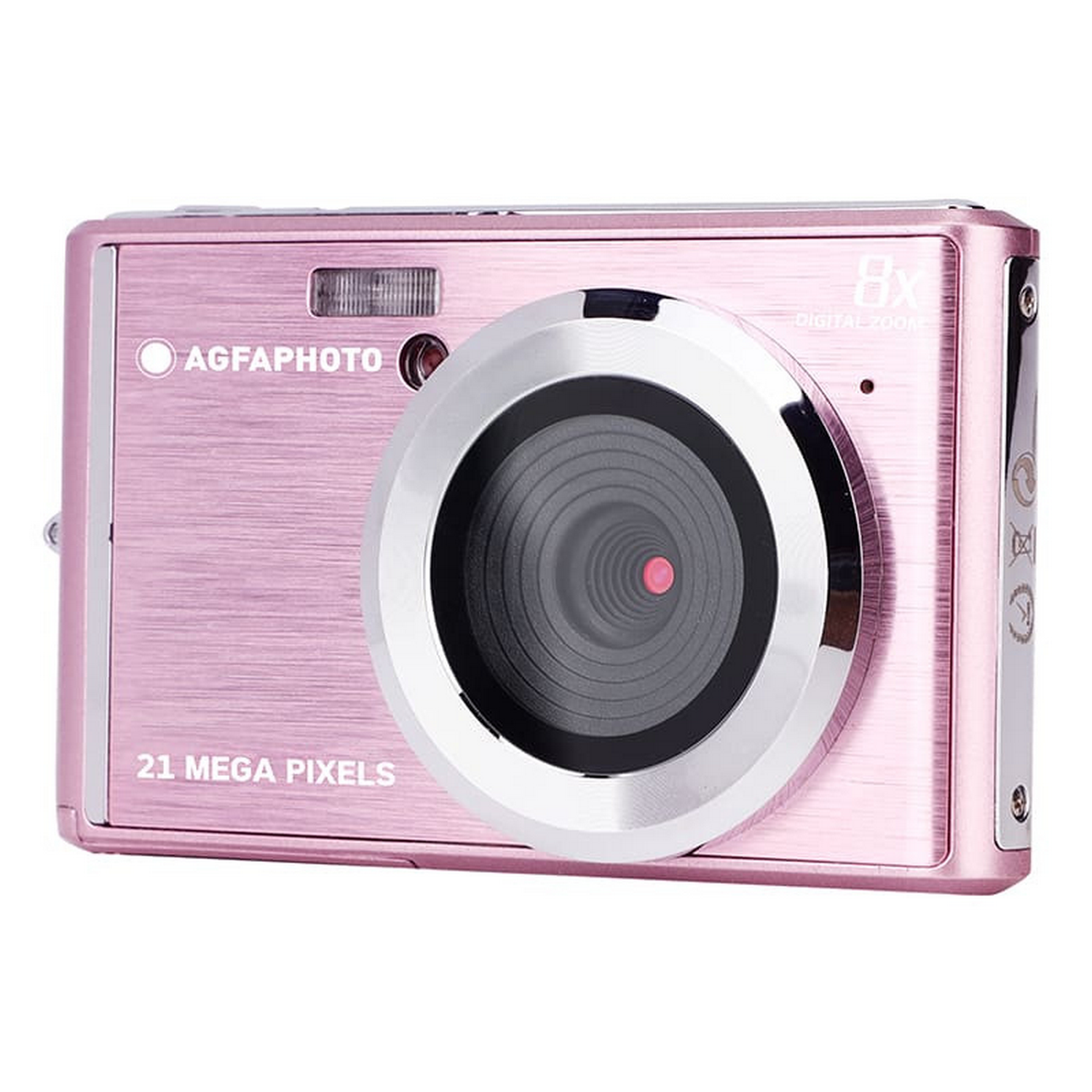 Roze digitale camera met een zilveren lens en het AgfaPhoto-logo. 21 Megapixels staat erop.