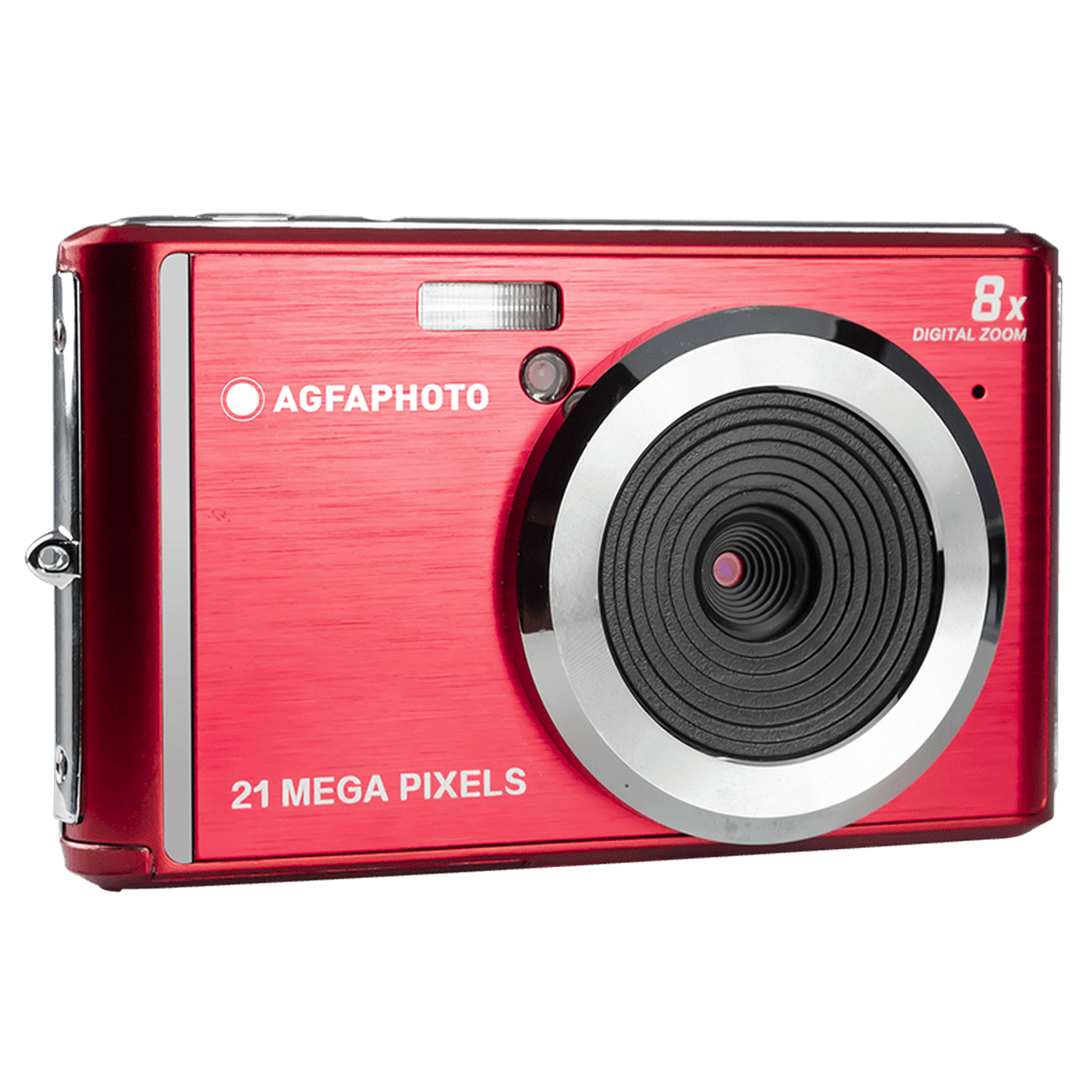 Appareil photo numérique rouge avec garniture argentée et flash.