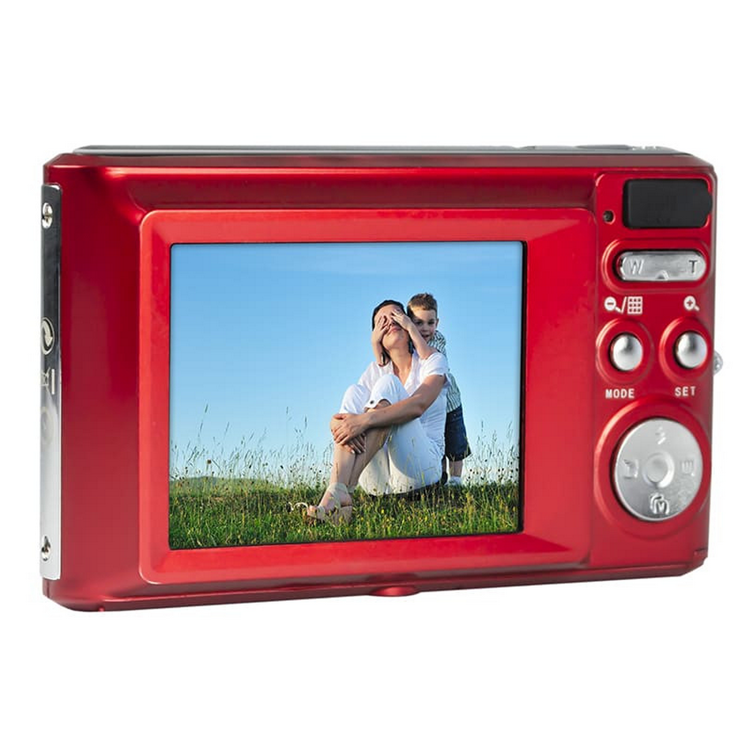 Appareil photo numérique rouge affichant une photo d'une femme et d'un enfant. Le fond est un champ.