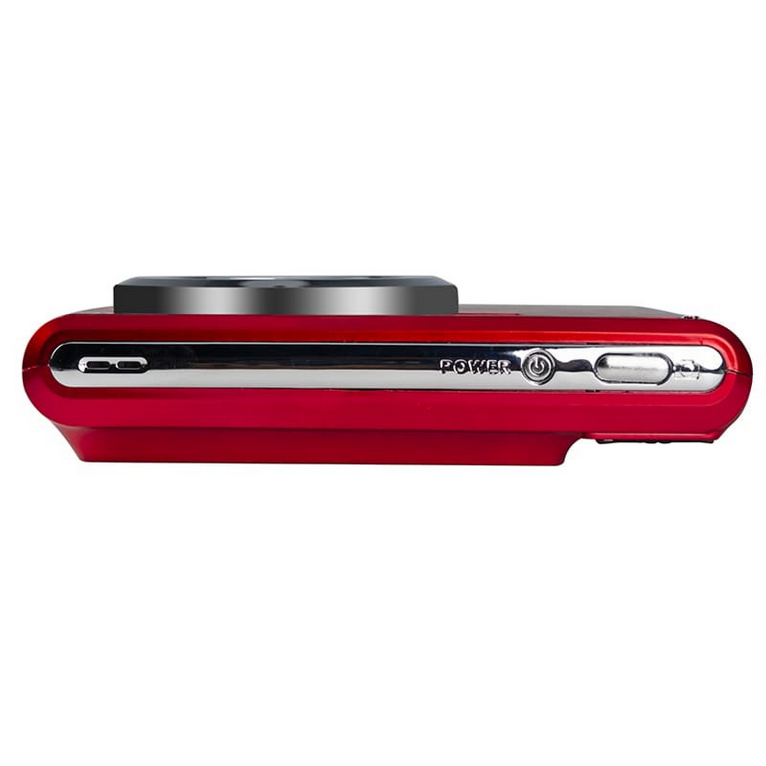 Appareil photo numérique rouge, vue latérale avec bouton d'alimentation et autres commandes.