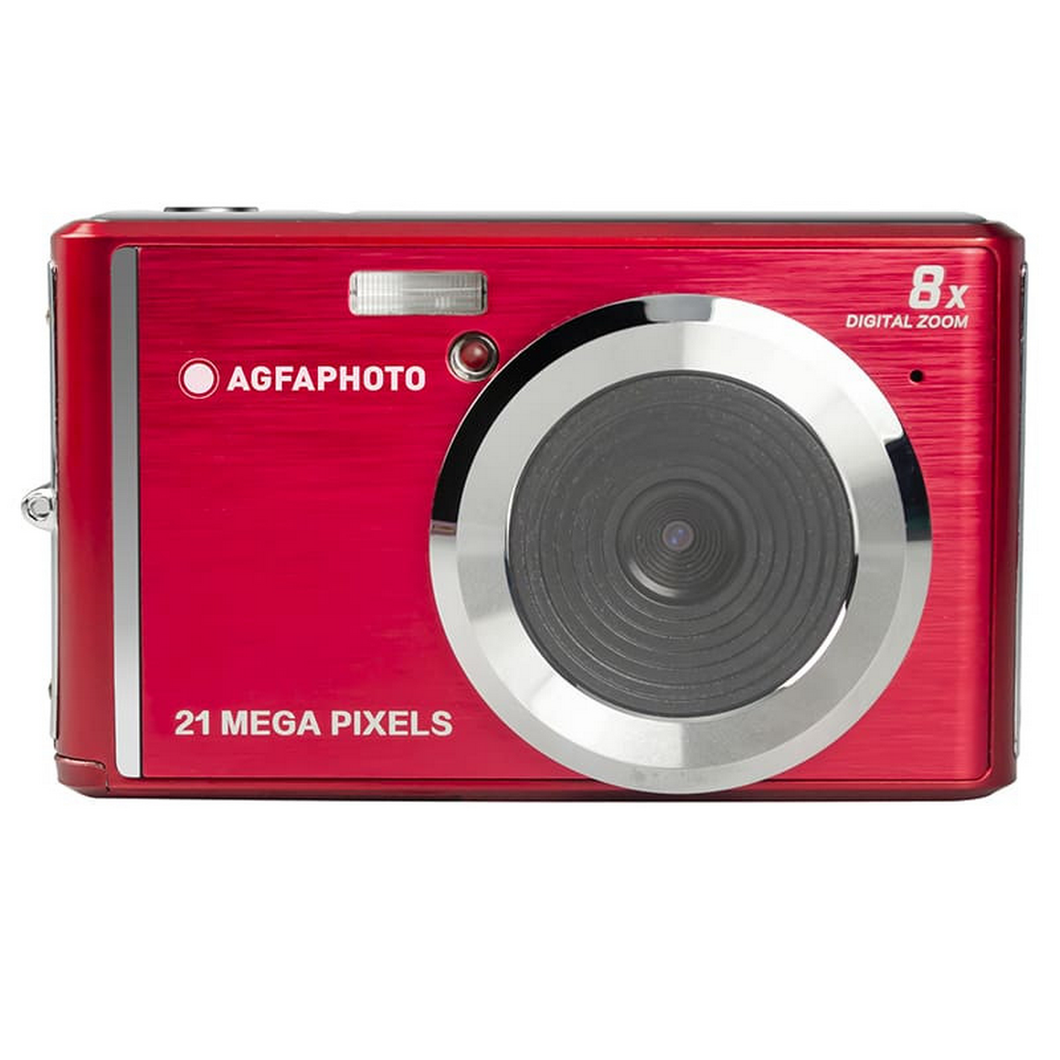 Appareil photo numérique rouge. Il a un objectif, un flash et le nom de la marque. Le zoom est de 8x.