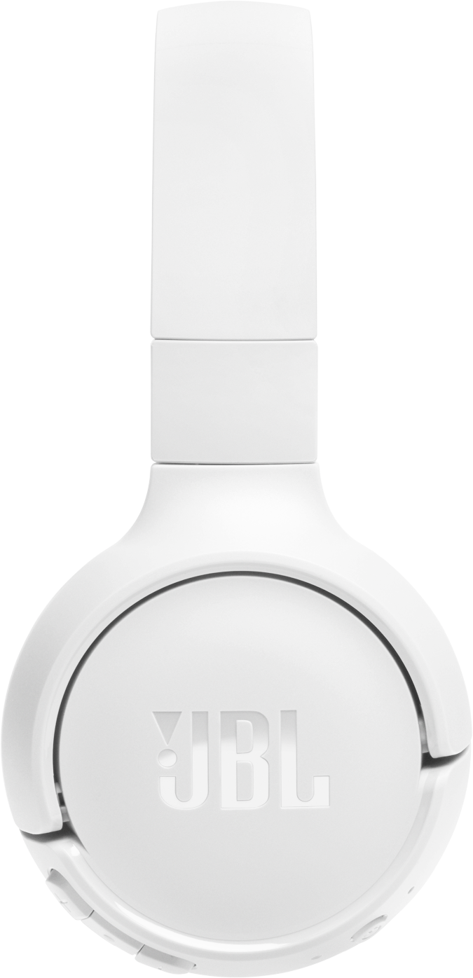 Fehér JBL fejhallgató, felülnézetben, fekete háttéren.
