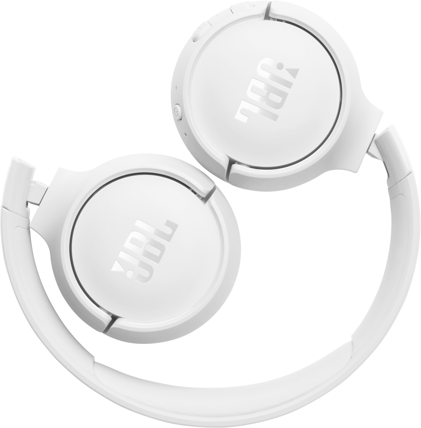 Fehér JBL fejhallgató összehajtva, felülnézet. A fülkagylók fehérek, JBL logóval.